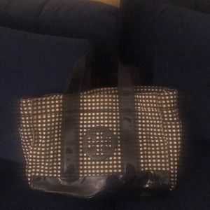 Tory Burch navy and white checkered tote bag